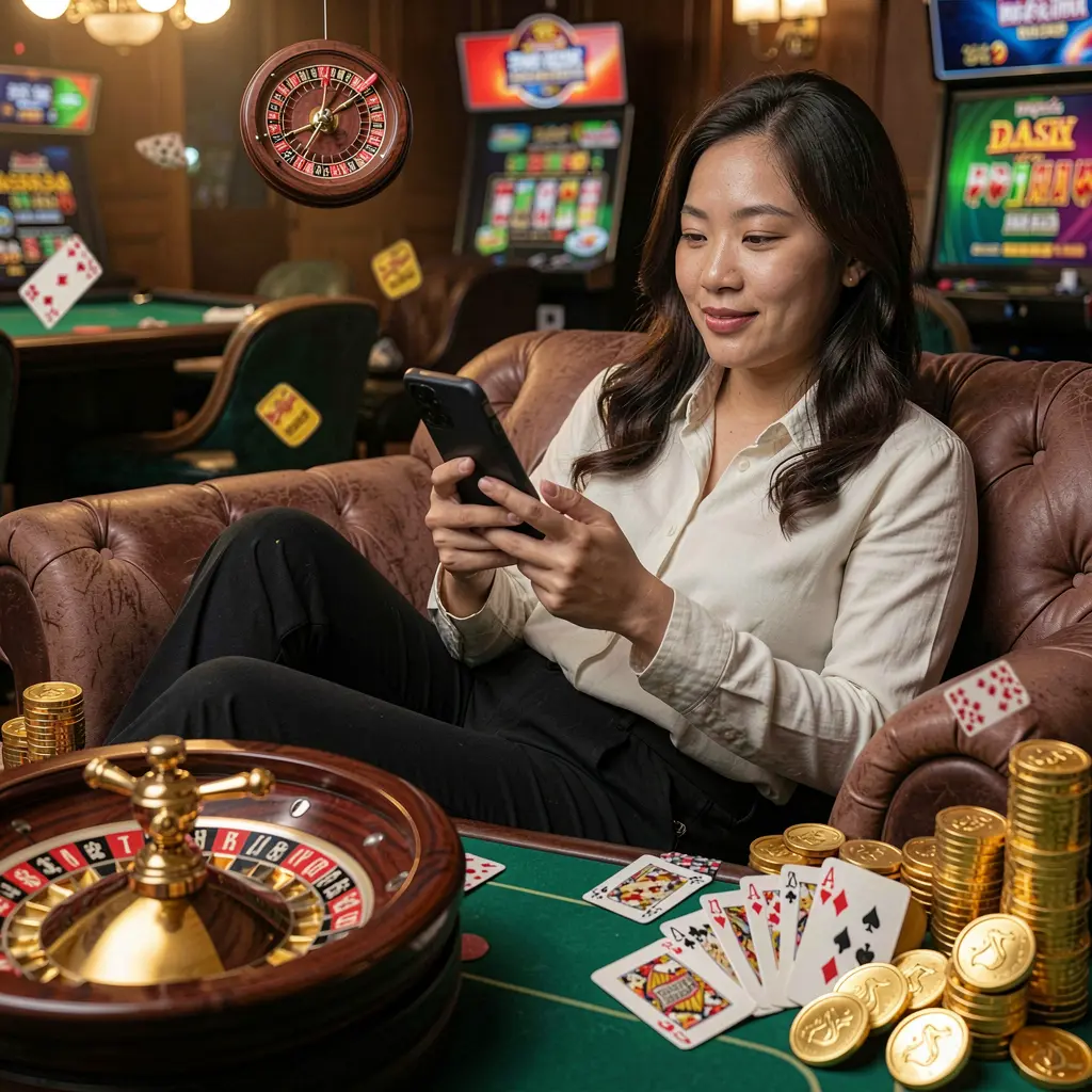 Confident Filipino woman relaxing on a sofa while using the FFVIP88 casino app with glowing roulette wheels and gold coins around her