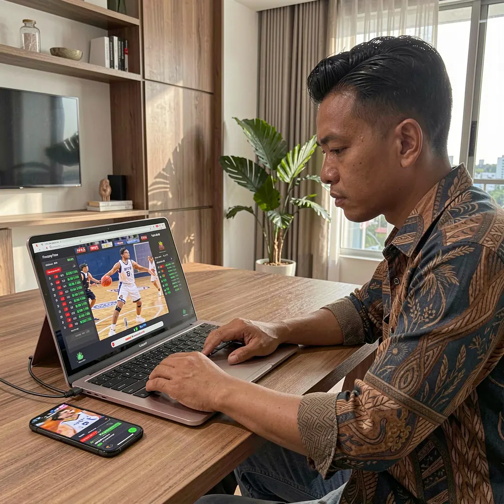 Philippine sports fan placing live basketball bets on a laptop during an intense game using the FFVIP88 betting platform