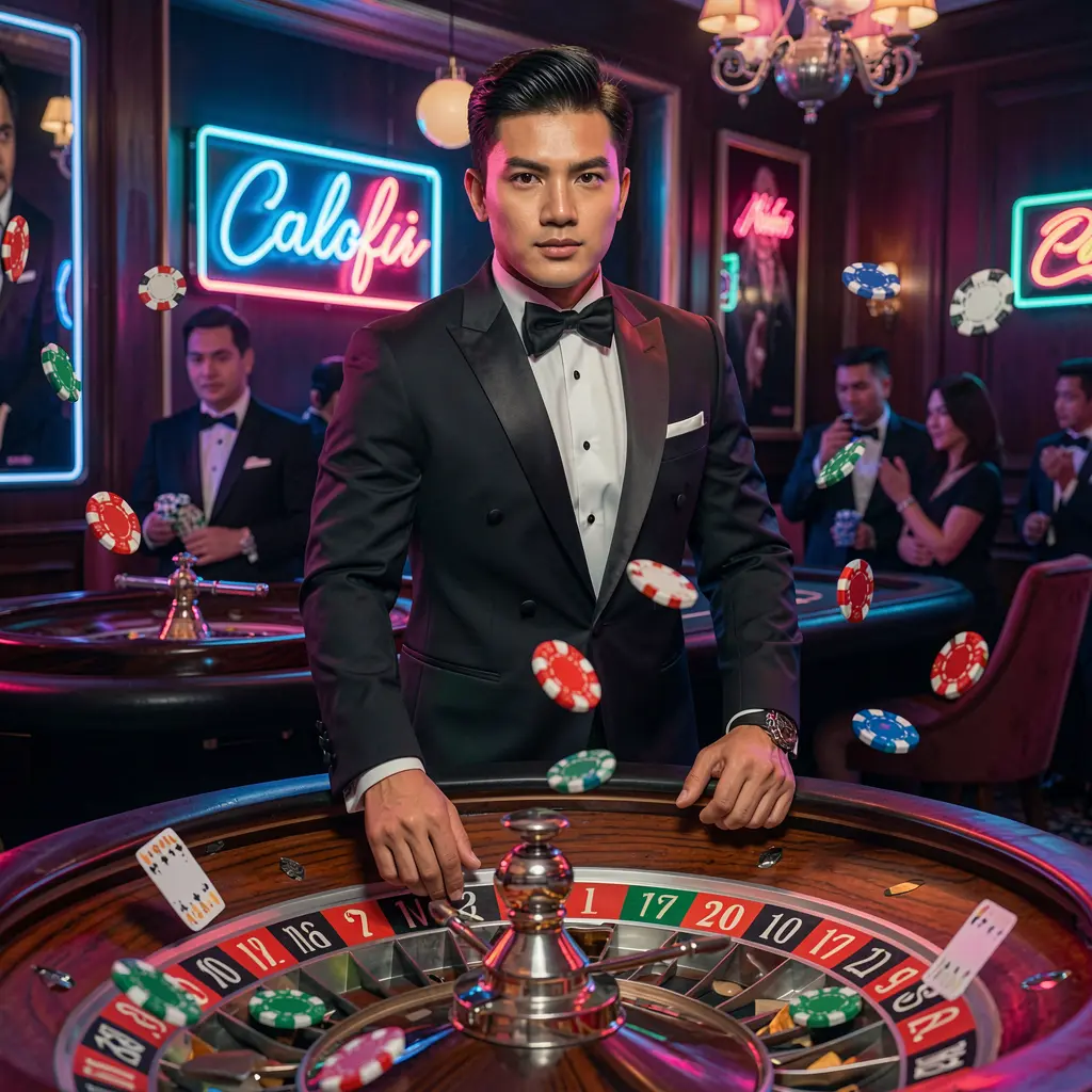 Elegant casino scene with a professional live dealer at the roulette table surrounded by glowing chips symbolizing trust and excitement at FFVIP88 in the Philippines