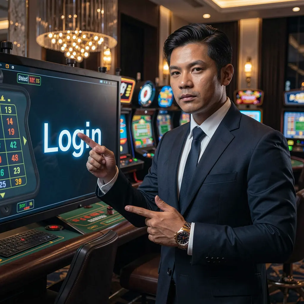 Stylish casino host pointing at a glowing login interface in a modern gaming environment highlighting FFVIP88 access for Philippine players