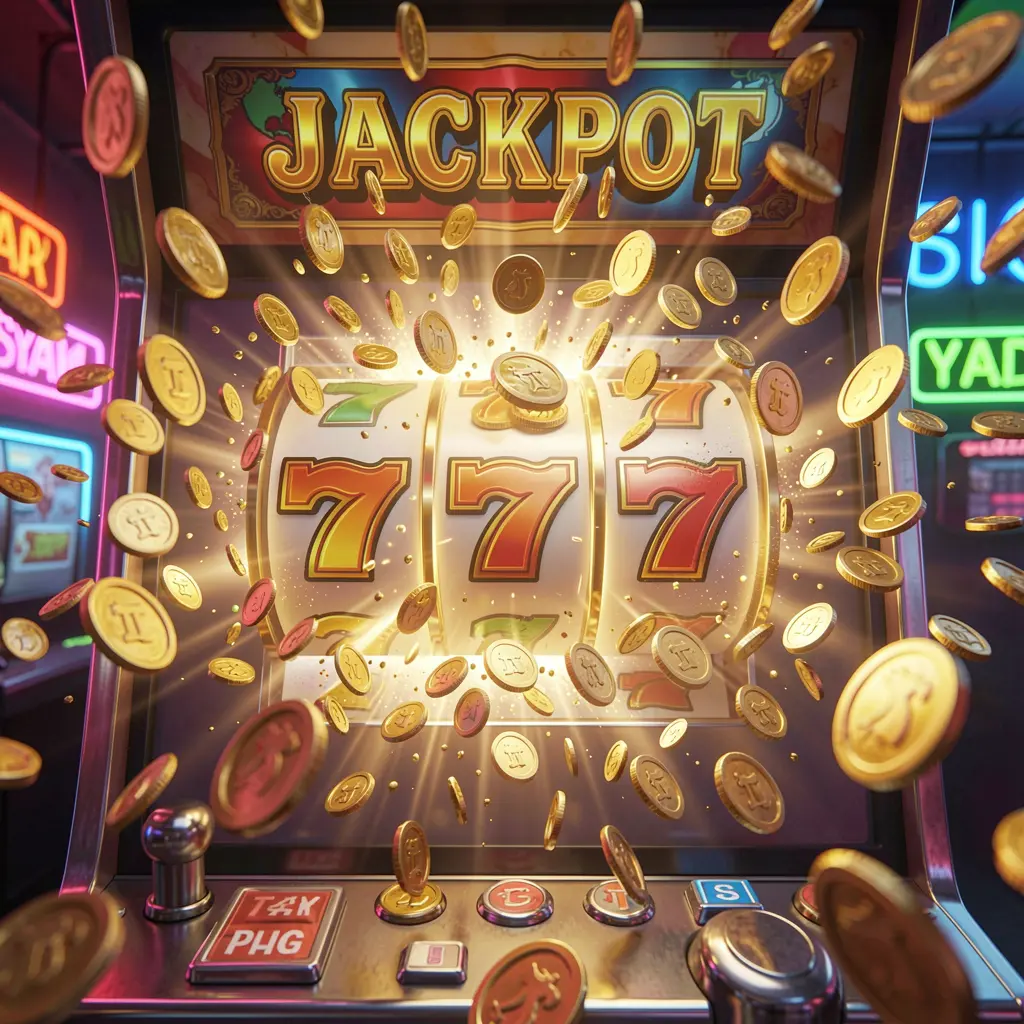 A dazzling slot machine showing triple sevens with golden coins bursting around it symbolizing big wins at FFVIP88 slots in the Philippines